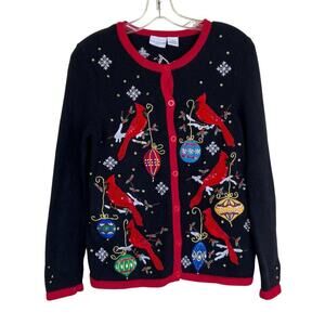 Kim Rogers Sz SP Vtg 90s Knitted Holiday Cardigan Boho Embroidered Beaded